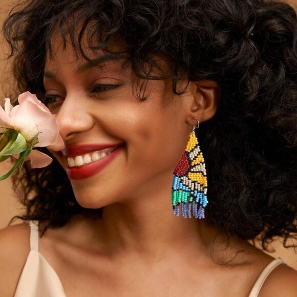 Multicolor Boho Seed Bead Tassel Dangling Statement French Wire Hook Earrings - Picture 7 of 8